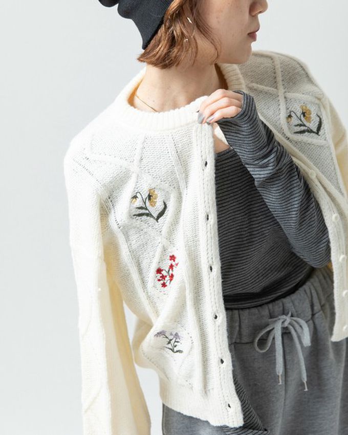 日本 gleam - 文藝風小花刺繡立體針織開襟衫-灰