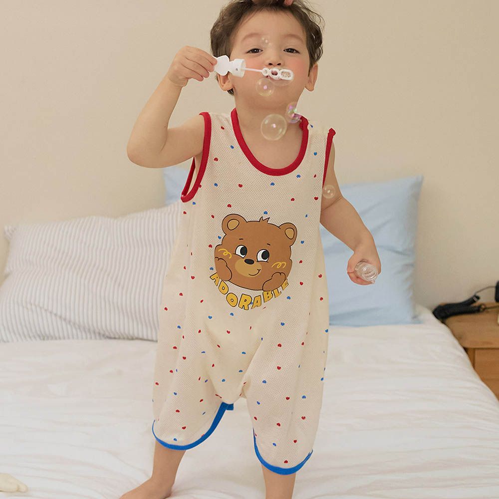 透氣網眼洞洞連身防踢被-陶醉熊熊-米黃