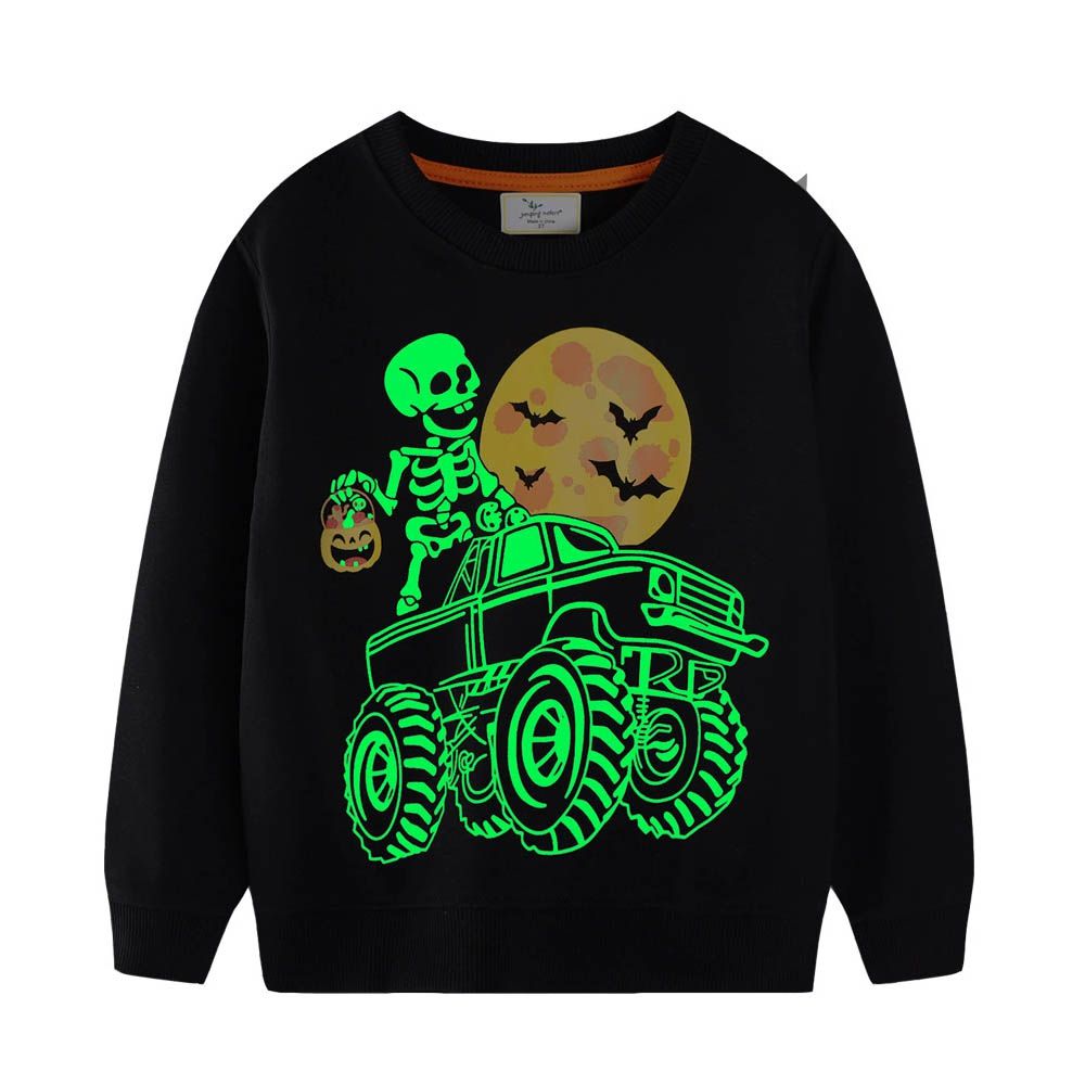 夜光圓領棉質長袖上衣/大學T-骷髏吉普車-黑色