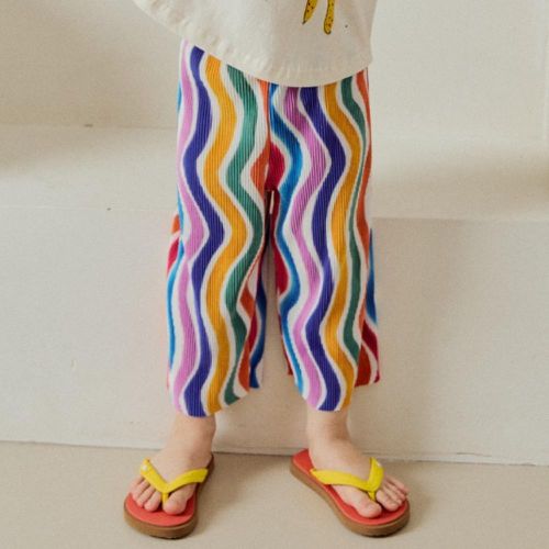 韓國 Mimico - 鬆緊腰細褶寬鬆長褲-波紋彩虹