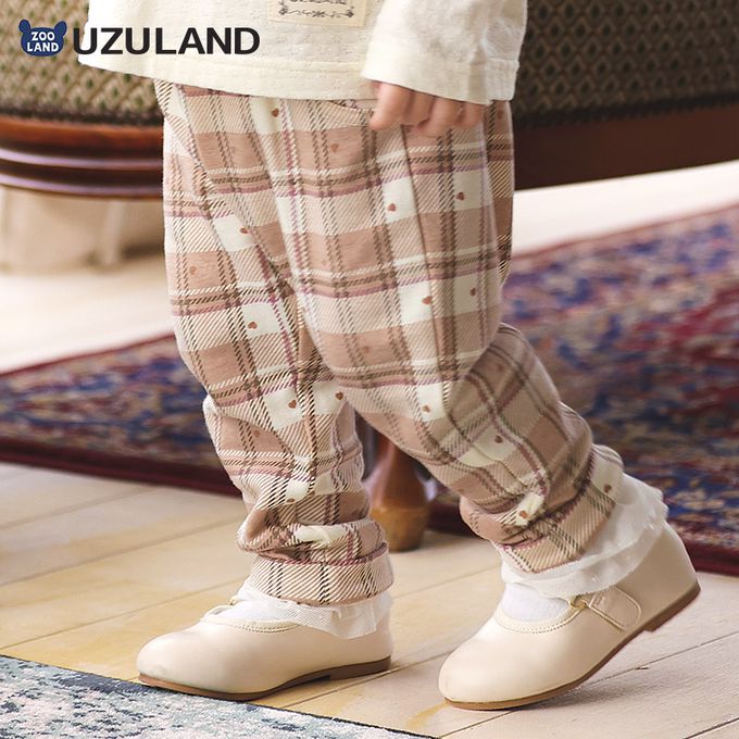 日本 ZOOLAND - 甜蜜愛心氣質格紋長褲-杏白粉