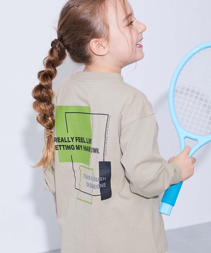 日本 devirock - 100%棉 定番印花寬版長袖上衣-幾何LOGO-灰杏