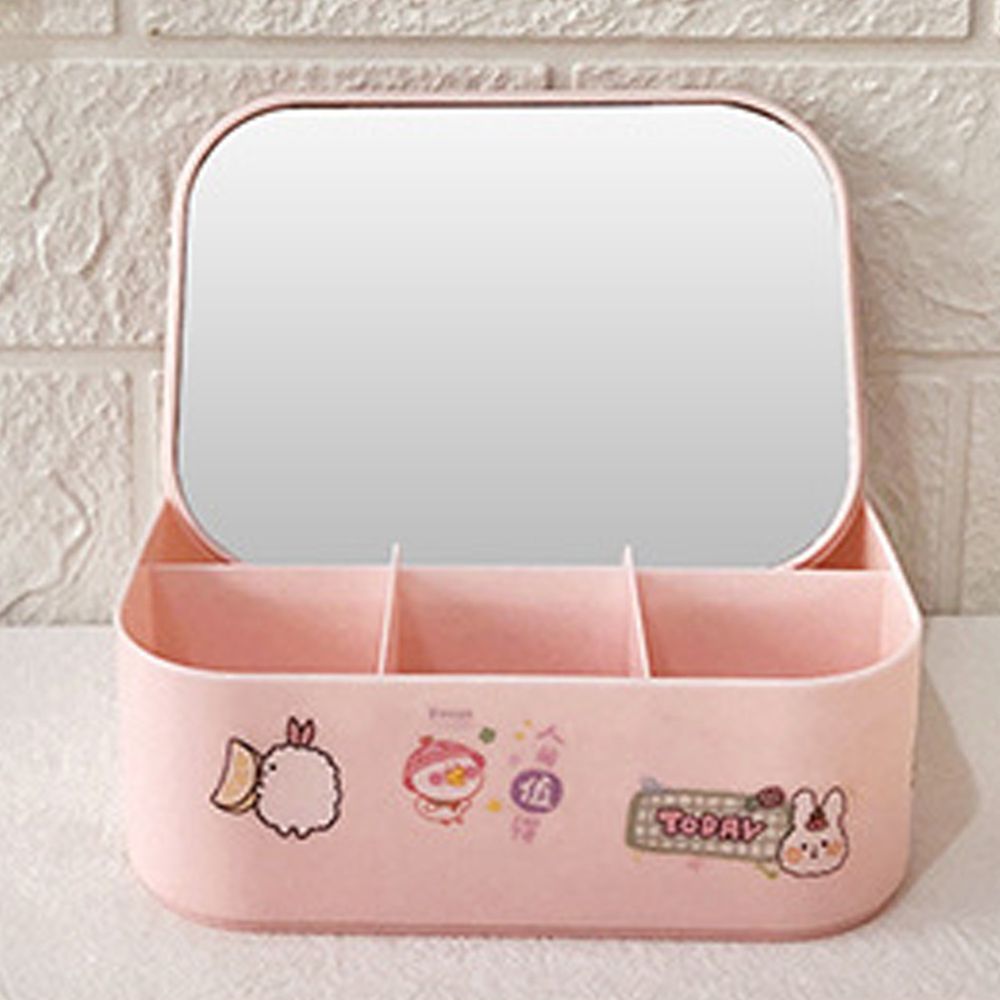 飾品小物桌面收納盒(內蓋附鏡面)-方形-粉色 (約15.4x11.2x4.6cm)