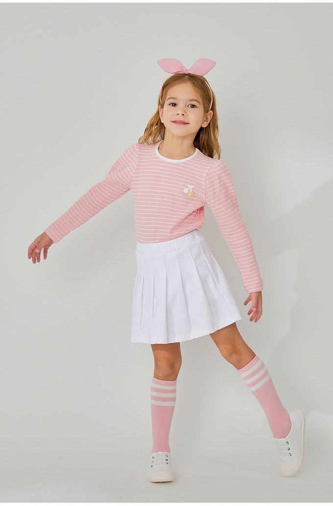 韓國 OZKIZ - 櫻桃點綴條紋長袖上衣-粉X白