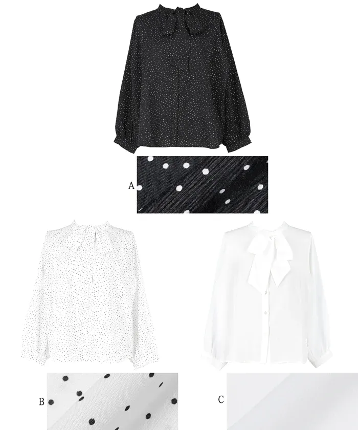 日本 COCA - 優雅紐結雪紡長袖上衣-點點-白