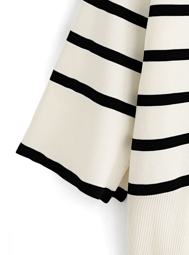 日本 GRL - 修身船領優雅長版針織上衣-黑x白 (F)