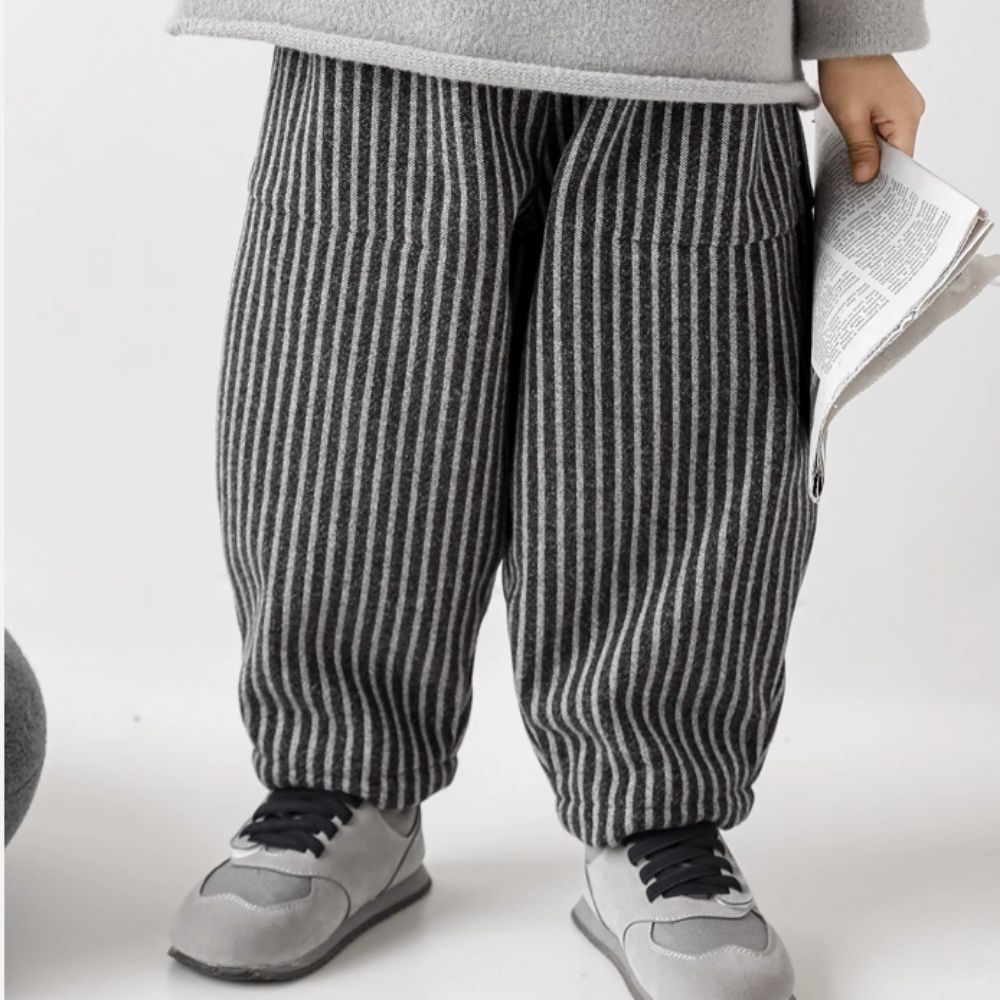 (加絨)小紳士腰鬆緊休閒條紋寬褲-黑+灰