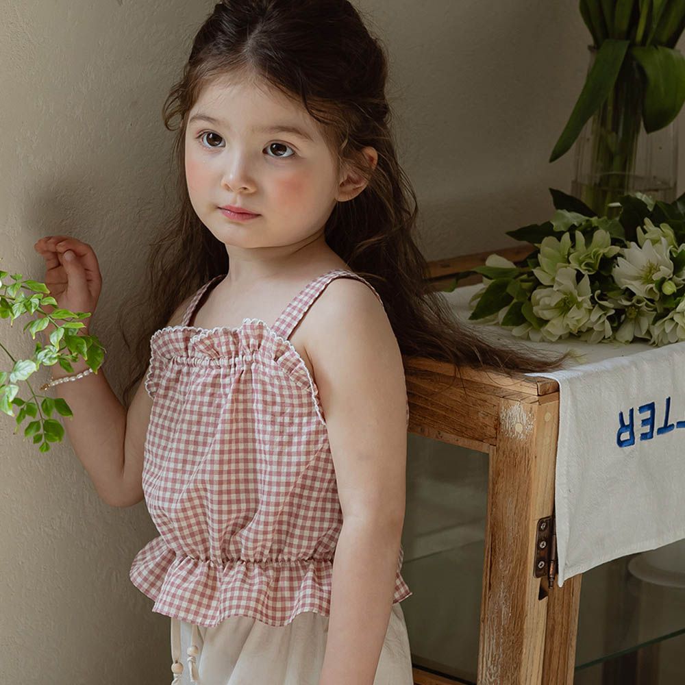 甜甜花邊裝飾細格紋肩帶上衣-紅