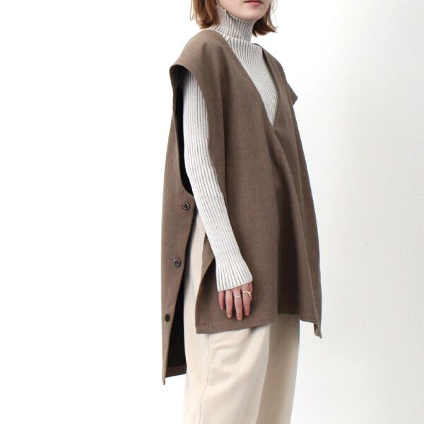 日本 Riche Glamour - 深V落肩長版針織背心-米