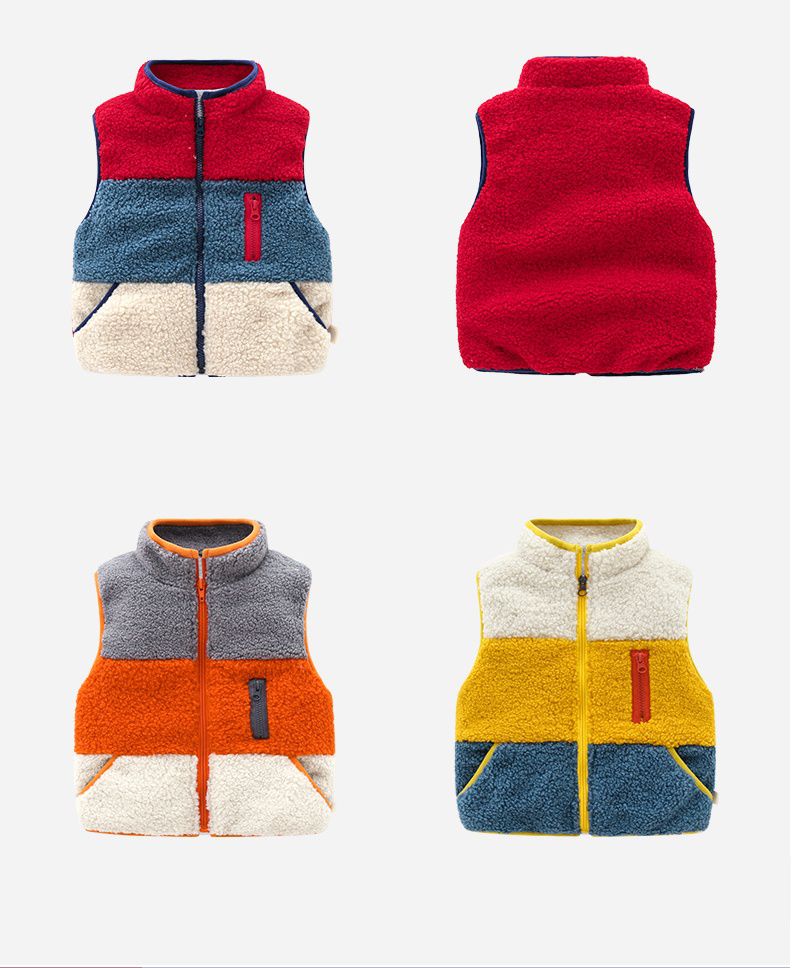 羊羔絨兒童保暖背心-拼色款-白+藍+紅
