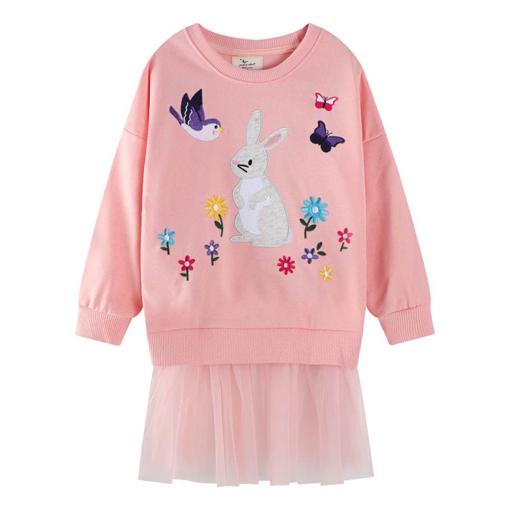 棉質圓領長袖連身網紗洋裝-花卉小兔-粉色