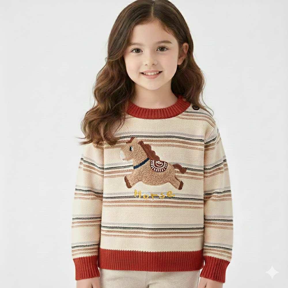 純棉圓領針織長袖上衣-快樂馬兒-卡其條紋