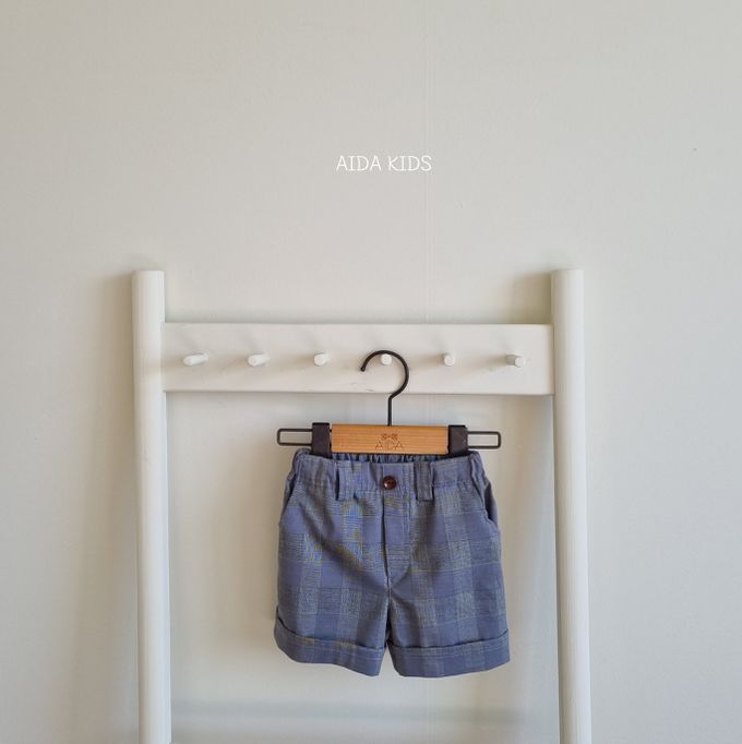 韓國 AIDA - 鬆緊腰紳士格紋反摺短褲-灰紫