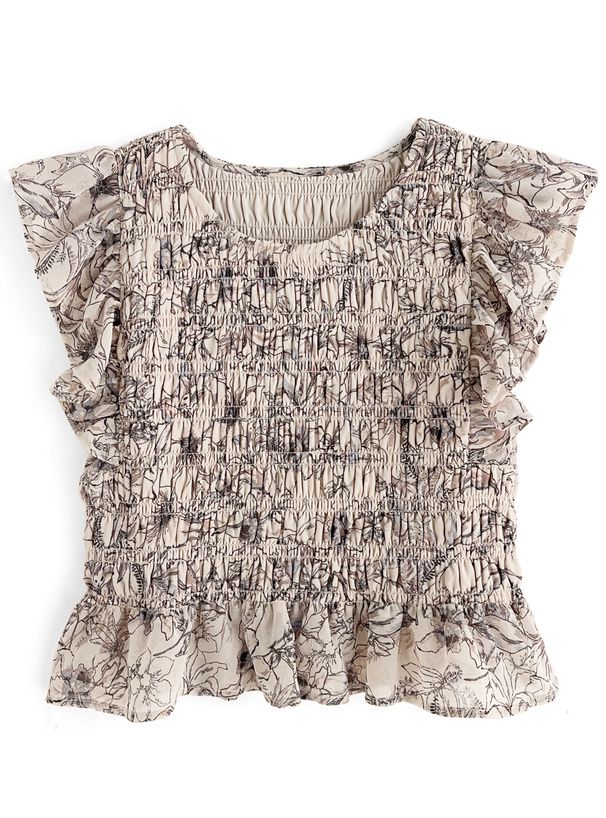 日本 GRL - 甜美碎花雪紡飛飛袖上衣-淺卡其 (F)