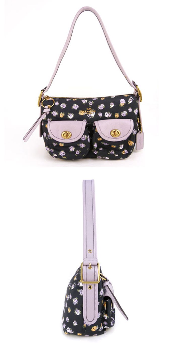 COACH - 印花尼龍雙口袋側背包 (花朵黑底)