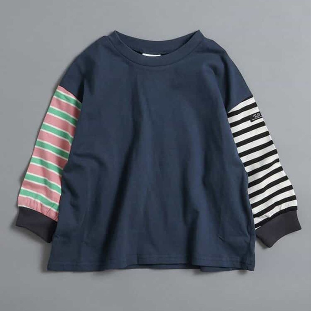 100%棉 定番款縮口長袖上衣-粉紅黑條紋撞色-深藍