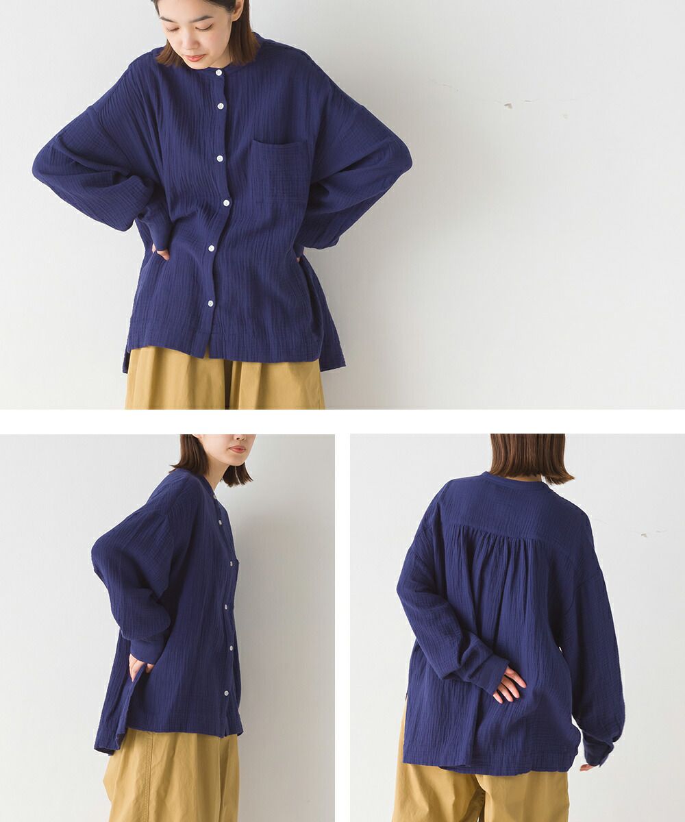 日本 OMNES - 圓領質感二重紗長袖襯衫-白