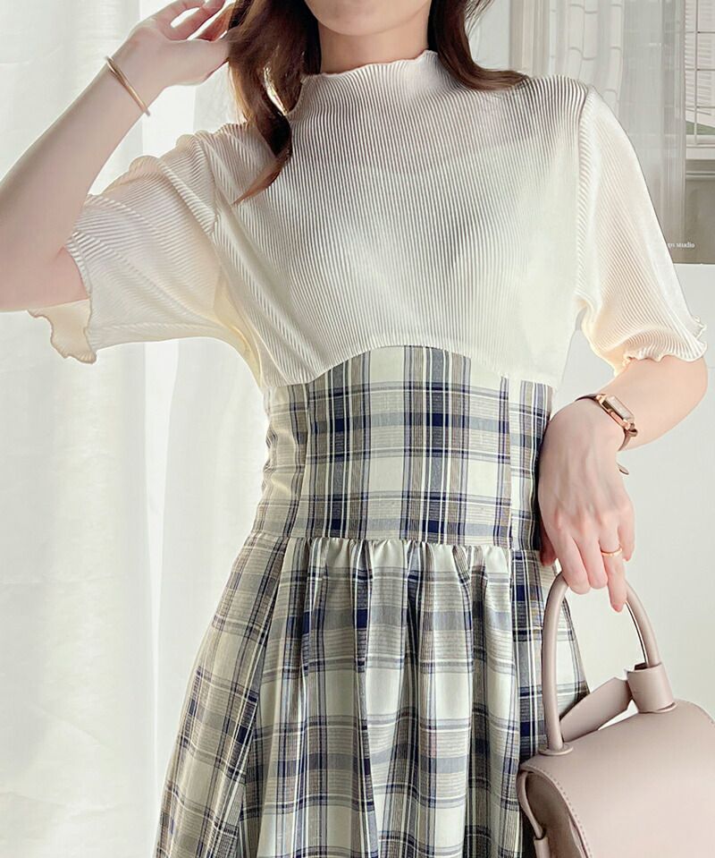 日本 Classical Elf - 浪漫格紋拼接後綁帶短袖洋裝-經典黑