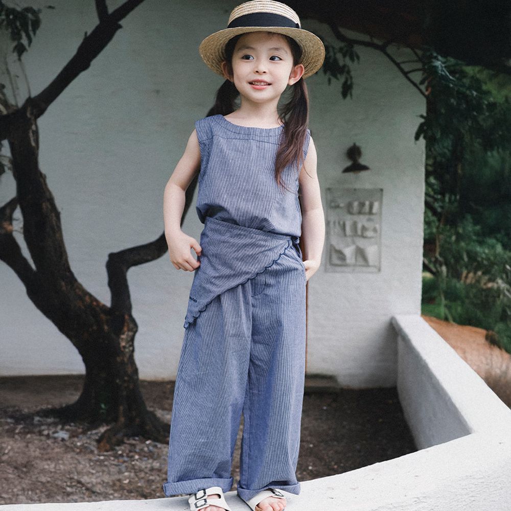 純棉條紋三件式無袖套裝-藍色