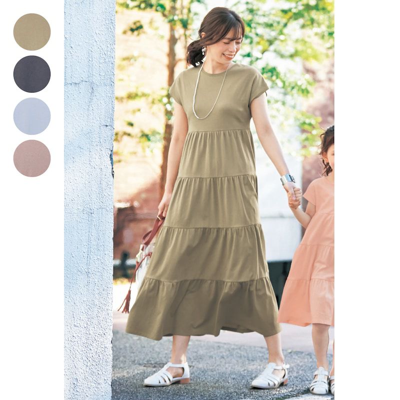 日本千趣會 - 優雅蛋糕層次法式袖洋裝(大人款)-綠卡其