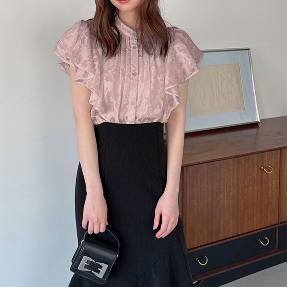 浪漫緹花皺摺荷葉短袖襯衫-粉紅 (F)