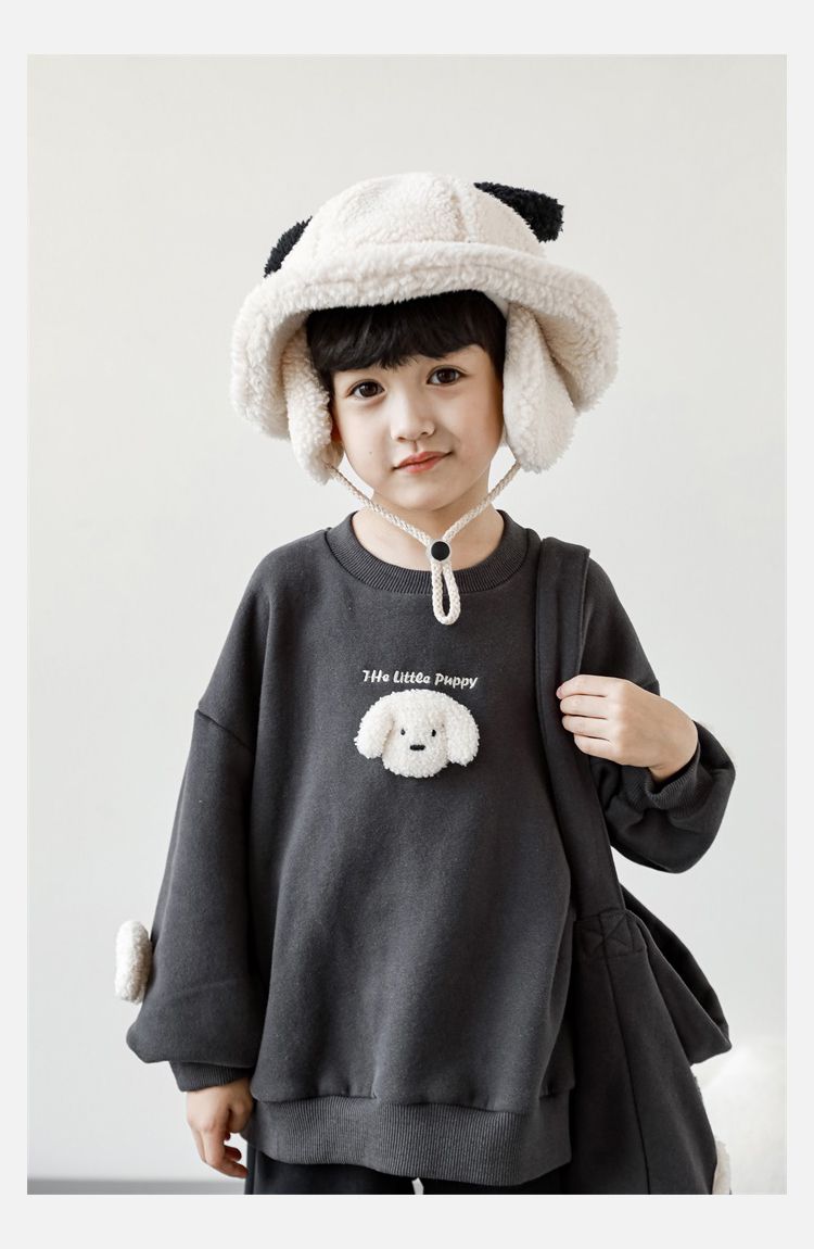 TONGMO - (加絨)立體圓領保暖長袖上衣/大學T-狗狗-淺麻灰色