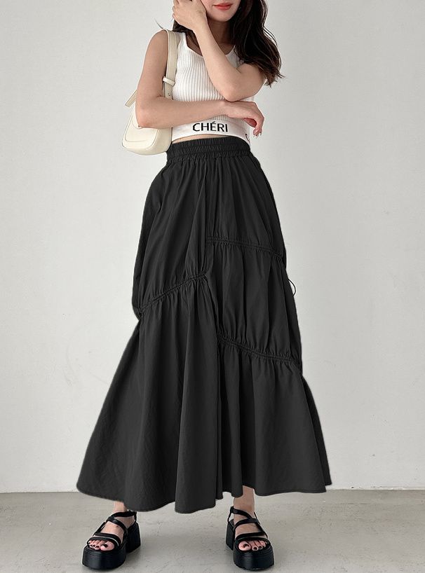 日本 GRL - 前後2WAY不規則抽繩長裙-軍綠