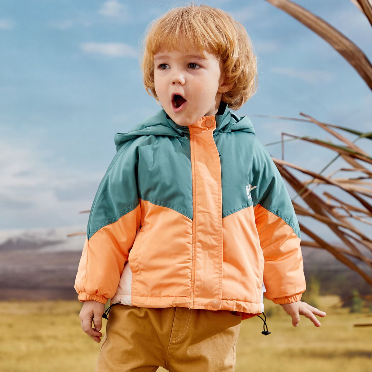 加厚連帽拼色羽絨外套-橘+綠