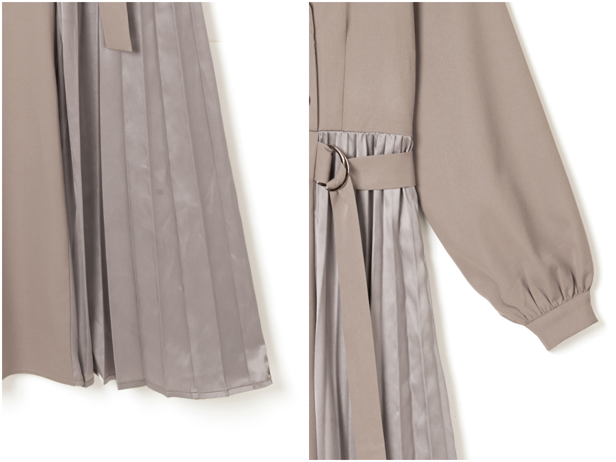 日本 GRL - (微瑕新品)雙排釦風衣造型百褶拼接長袖洋裝-淺灰杏 (M)