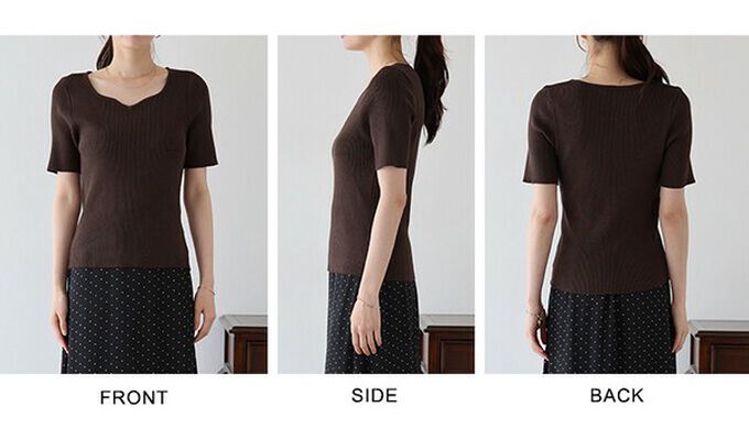 日本 BLUE EAST - 合身羅紋甜美桃心領短袖上衣-黑