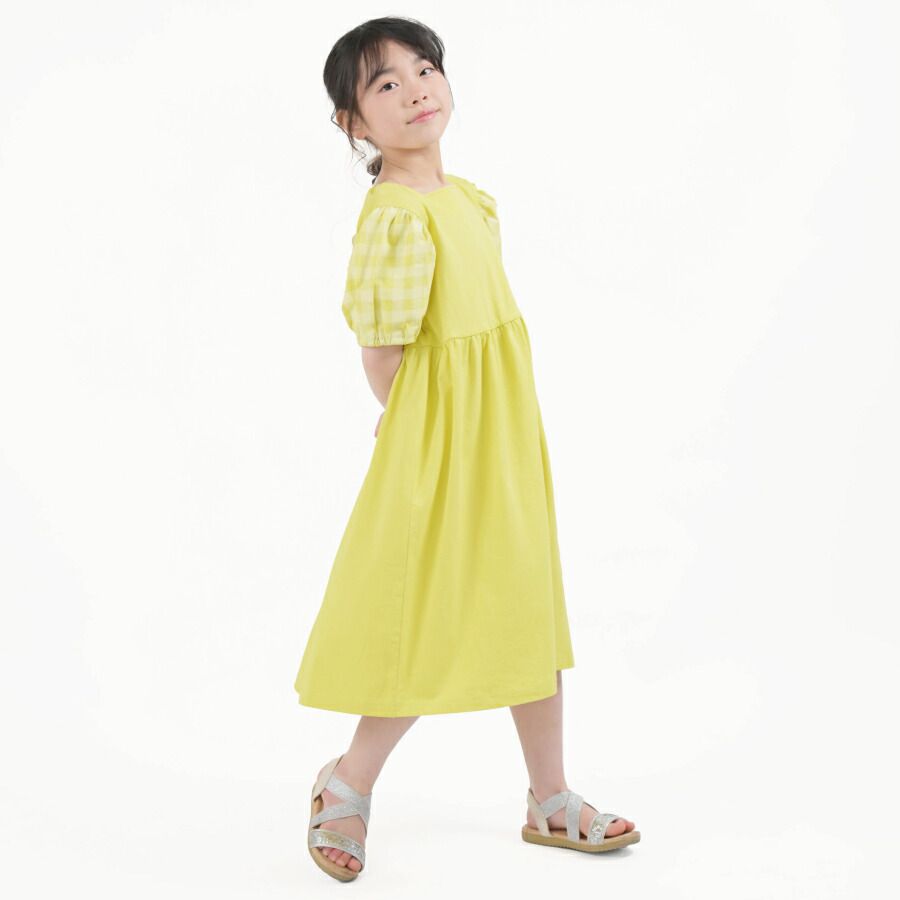 日本 evercloset - 溫柔方領格子袖長版洋裝-紫粉紅