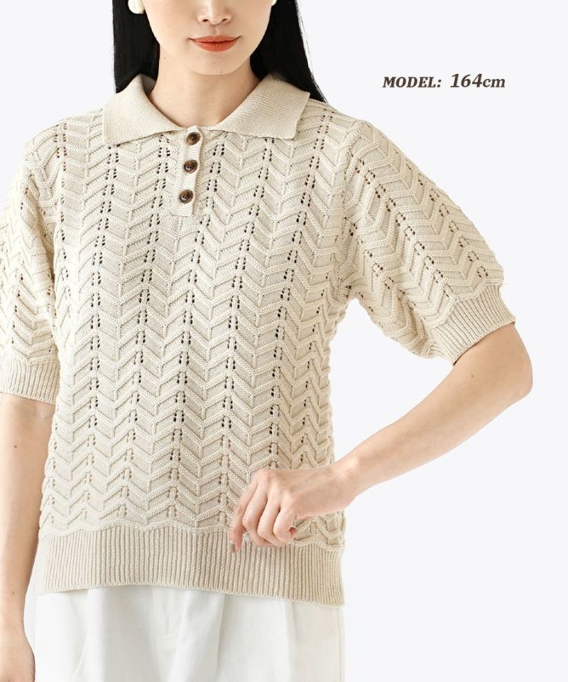 日本 zootie - 人字紋鉤針翻領短袖上衣-米杏