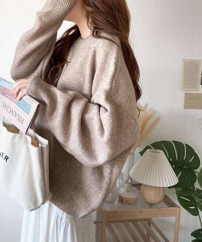 日本 Classical Elf - 溫柔圓領寬版純色針織毛衣-粉