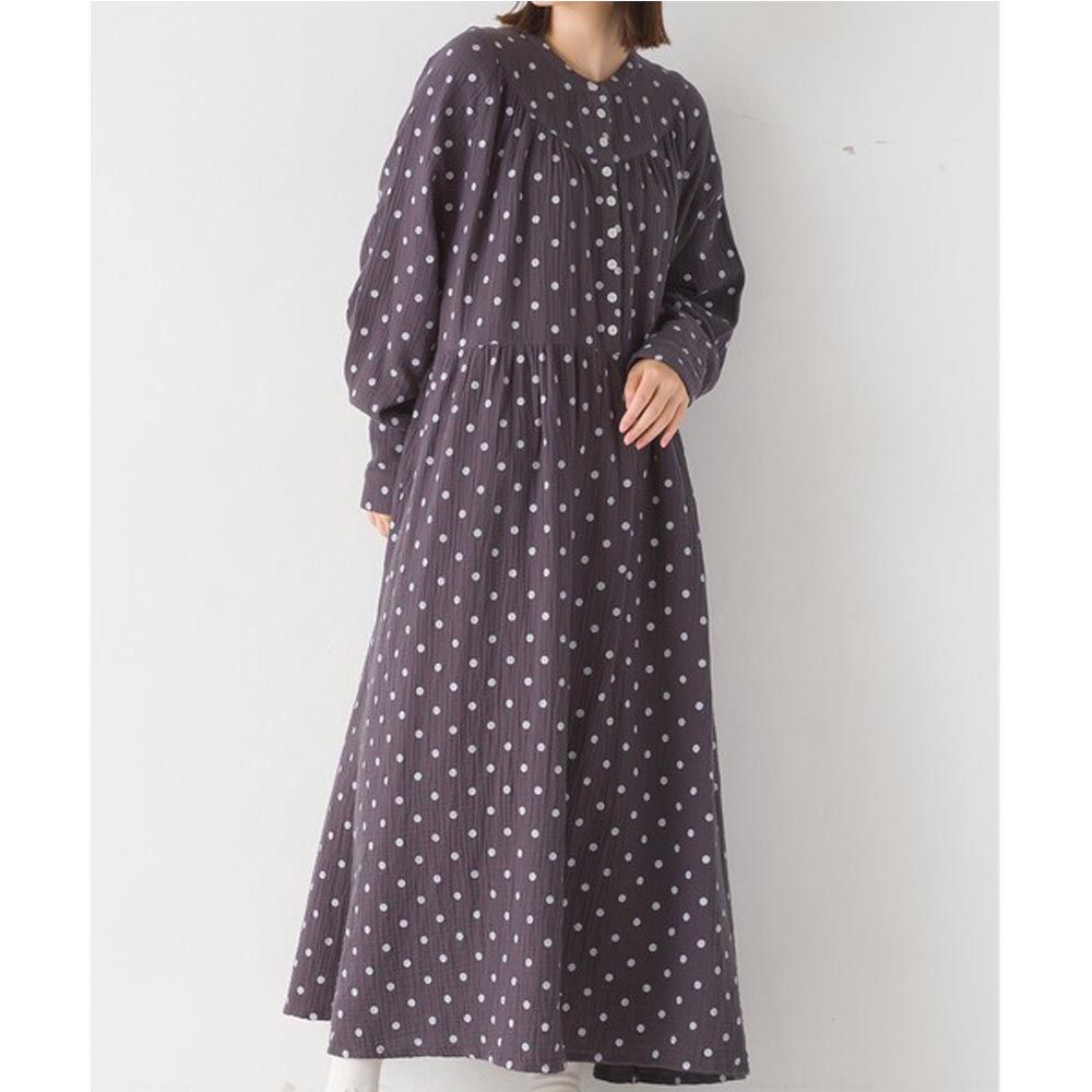 日本 OMNES - 質感二重紗寬版長袖洋裝-點點-石墨灰