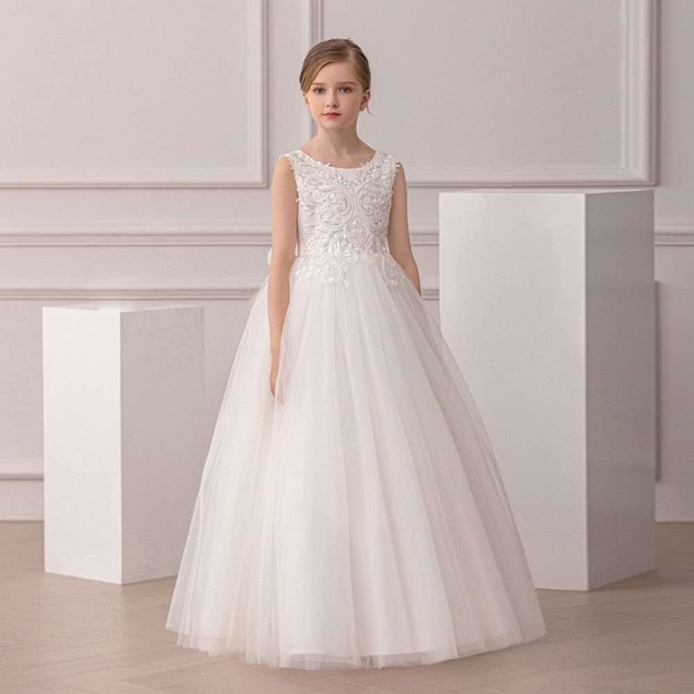 歐美系柔美精緻繡花珠片紗裙無袖長禮服-白色