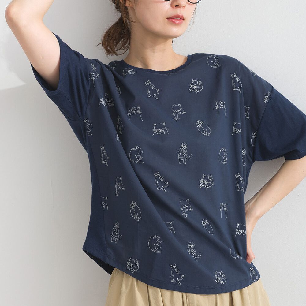 唯美刺繡圓領短袖上衣-貓咪-海軍藍