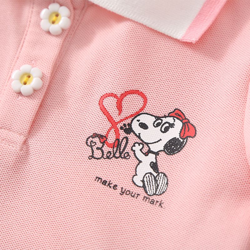 卡通SNOOPY翻領收腰網紗短袖連身裙-Belle愛心-藍色