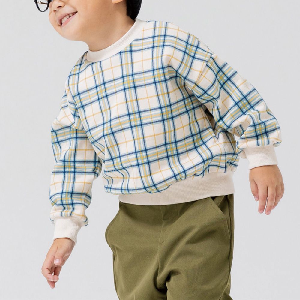 100%棉 北歐風印花裏毛長袖上衣-格紋-藍綠