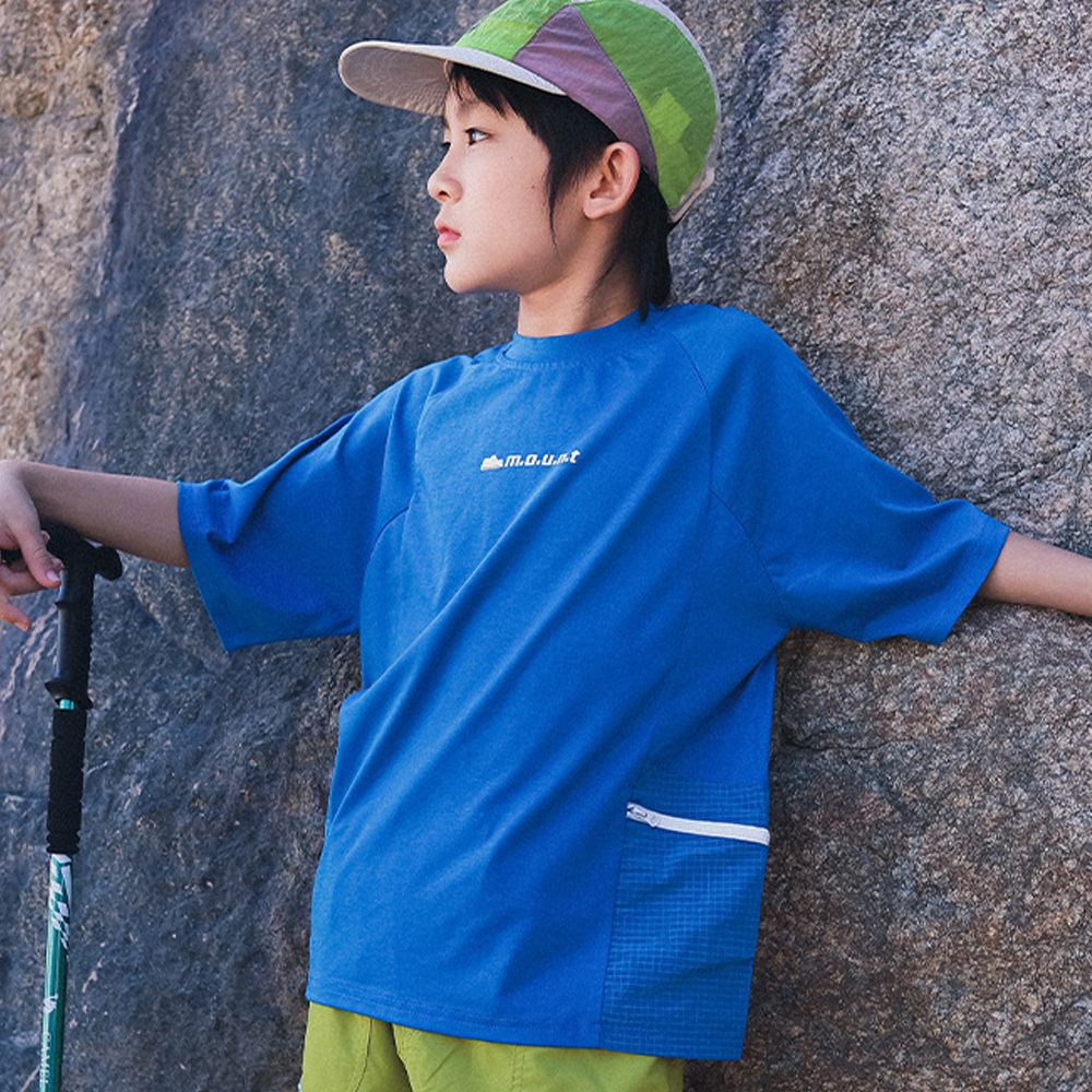 休閒圓領短袖上衣-拉鏈口袋-藍色