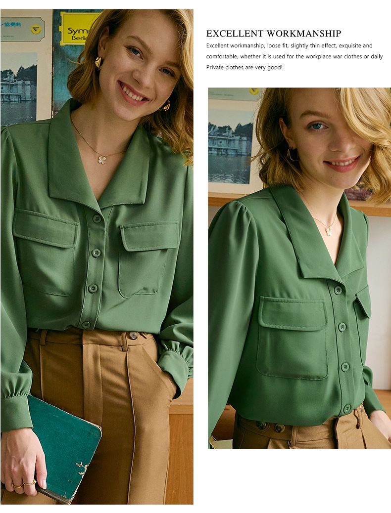 復古棉質口袋長袖襯衫-抹茶綠