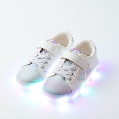 韓國 OZKIZ - (LED)漸層亮片點綴愛心魔鬼氈運動鞋-白X紫