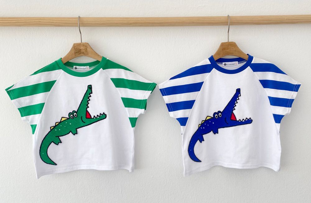 韓國 Coco rabbit - 條紋相間袖刺繡鱷魚T-藍
