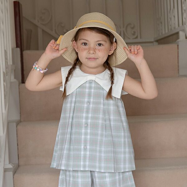 日本 Lycee mine - 可愛水手領無袖上衣-格子-粉紅