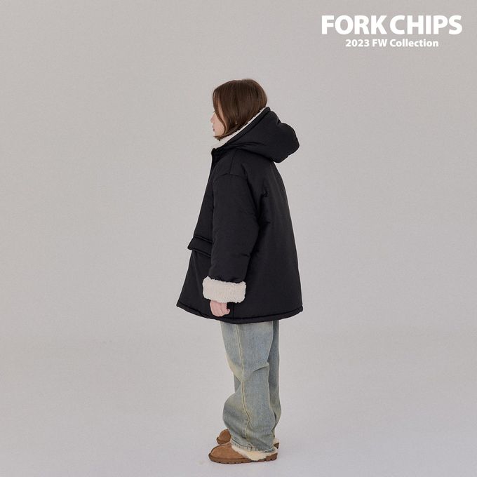 韓國 FORK CHIPS - 冬天保暖鋪棉長版連帽外套-黑