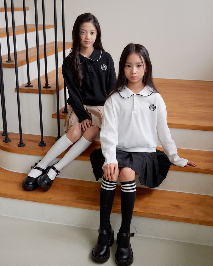 韓國 sm2 - 學院風格鬆餅紋長袖翻領上衣-黑