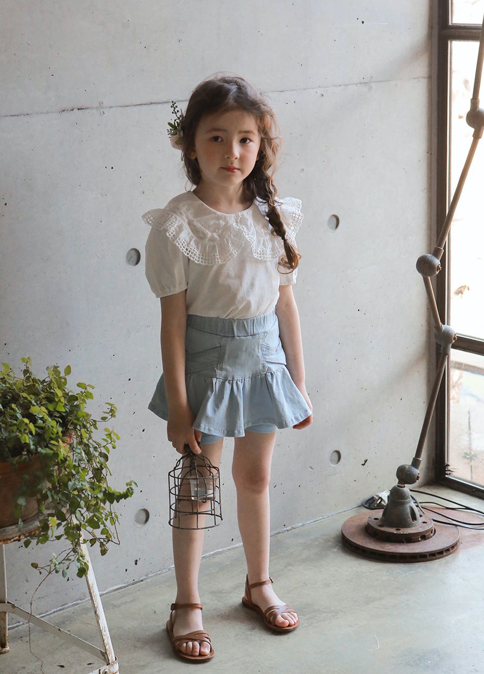 韓國 PuellaFLO - 鏤空格子大白領上衣-象牙白