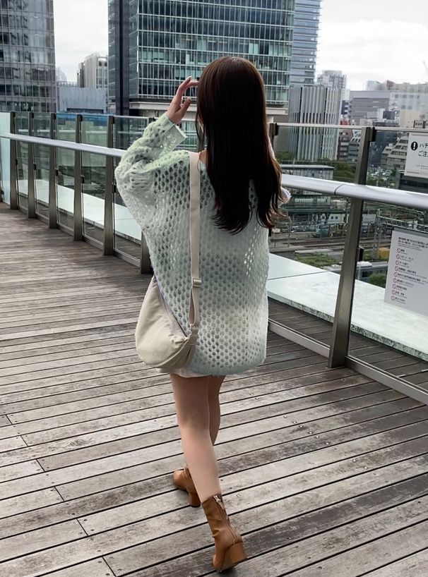 日本 GRL - 渲染漸層長版鉤針毛衣-水藍 (F)