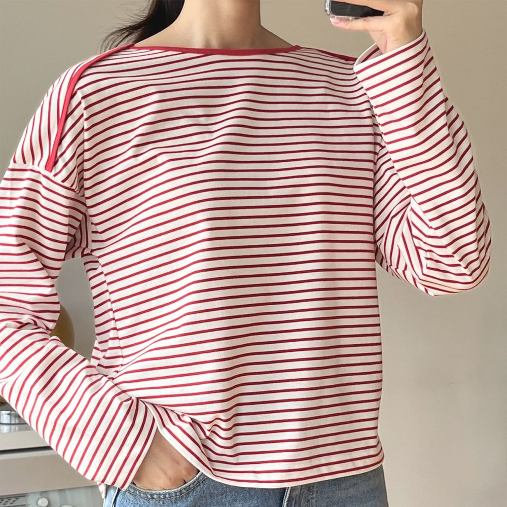 肩線點綴條紋船領長袖上衣-紅 (FREE)