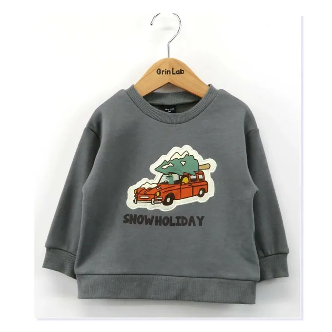 日本 ZOOLAND - 裏起毛 立體貼布印花長袖上衣-聖誕樹車車-灰綠