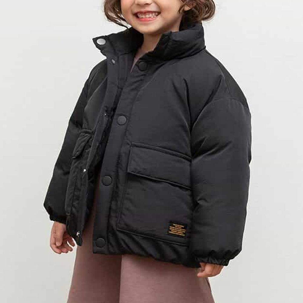 [可機洗]小立領加厚溫暖鋪棉外套-黑